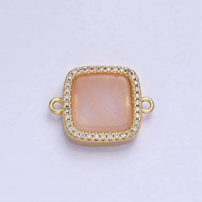 24K Gold Filled Natural Gemstone Rose Quartz, Blue Agate, Amethyst Micro Paved CZ Flat Square Connector | Y-801~Y-802