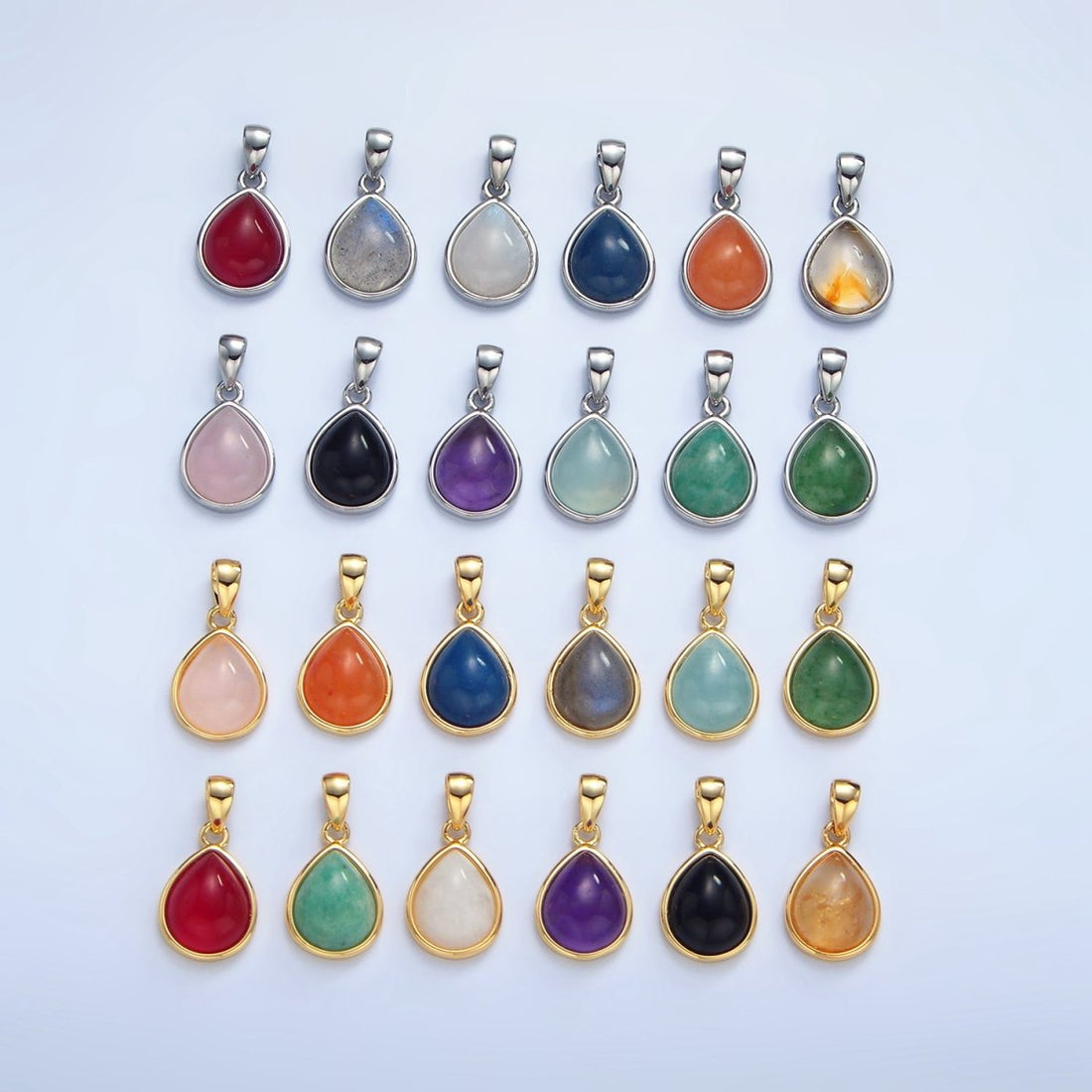 24K Gold Filled Natural Gemstone Teardrop Bezel Pendant in Gold &amp; Silver | AA953 - AA964