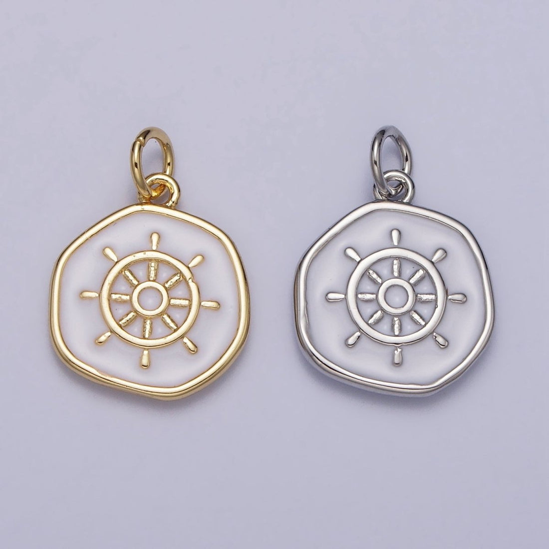 24K Gold Filled Nautical Boat Steering Wheel Helm Round Charm in Gold &amp; Silver N-745 AC-326