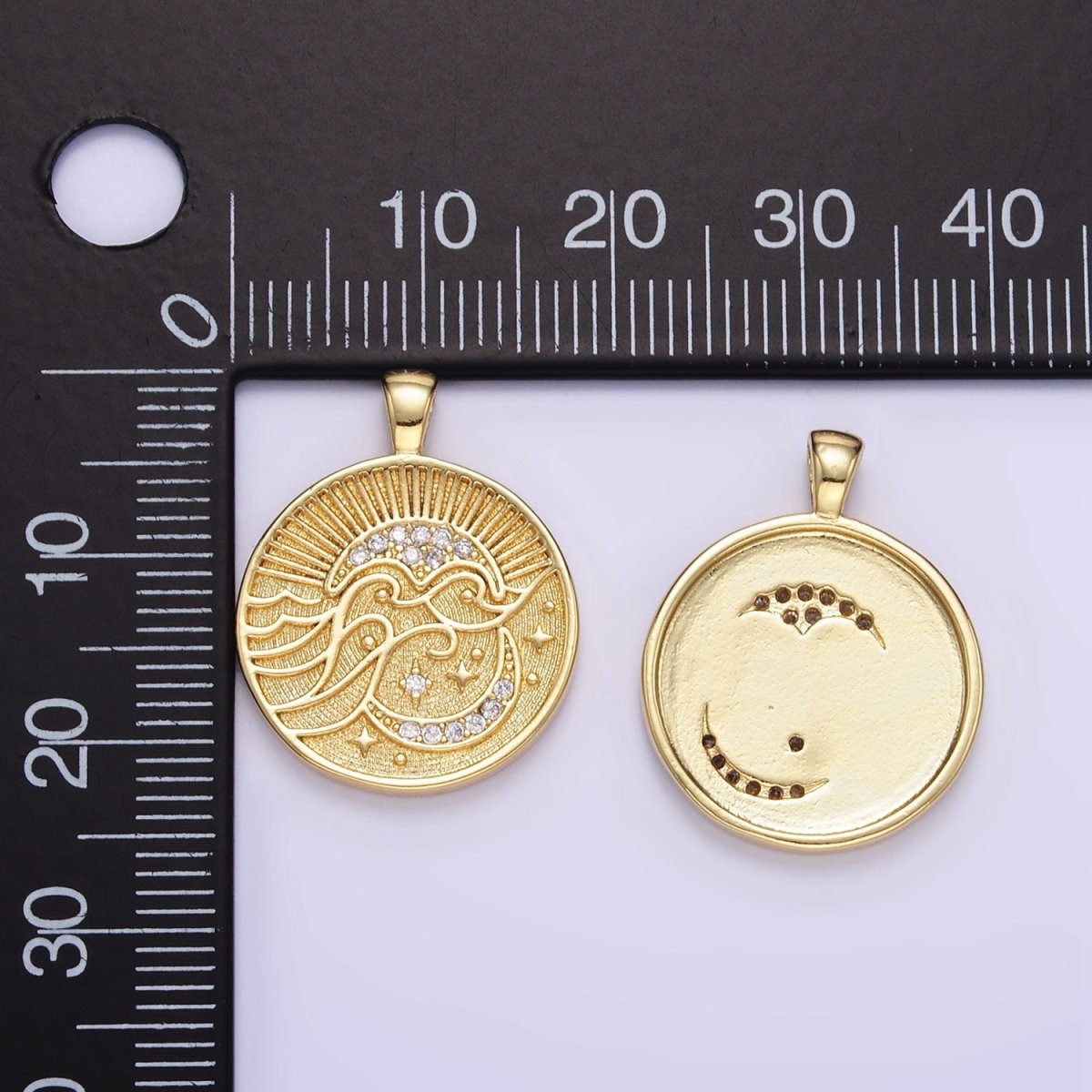 24K Gold Filled Ocean Waves  Celestial Moon Micro Paved CZ Round Pendant | AA1354