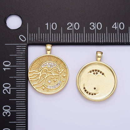 24K Gold Filled Ocean Waves  Celestial Moon Micro Paved CZ Round Pendant | AA1354