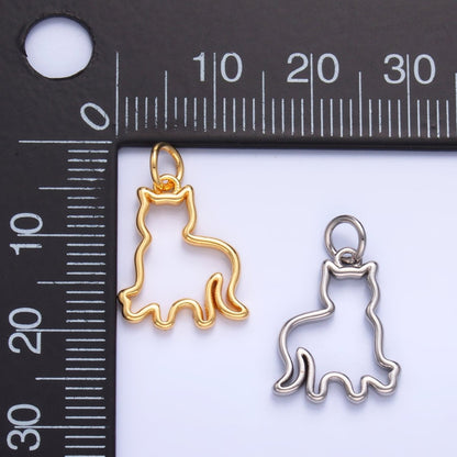 24K Gold Filled 16mm Open Cat Pet Silhouette Outline Charm in Gold &amp; Silver | W397