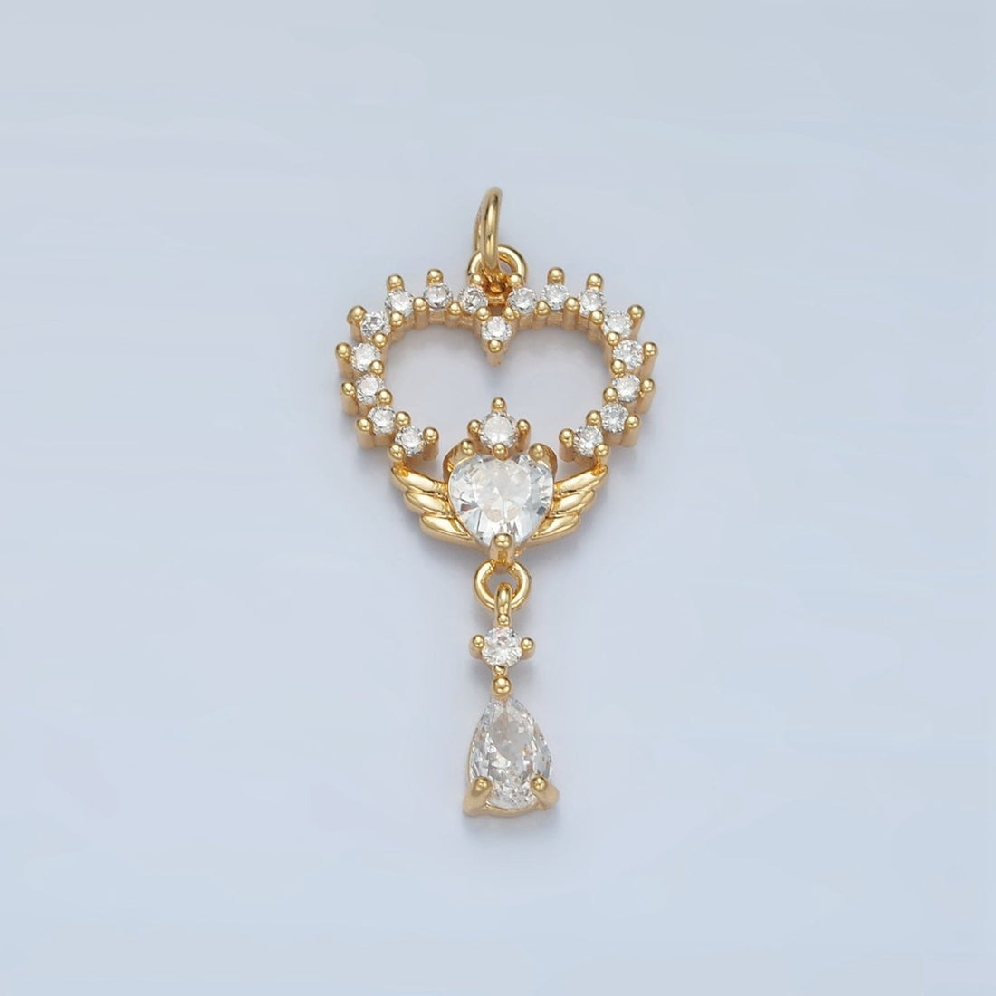 24K Gold Filled Open Clear CZ Heart Wings Teardrop Drop Charm | E689