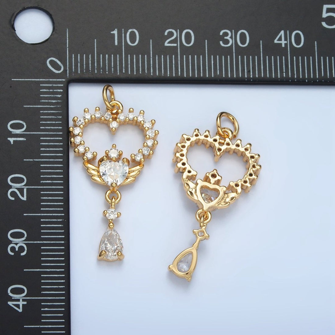 24K Gold Filled Open Clear CZ Heart Wings Teardrop Drop Charm | E689