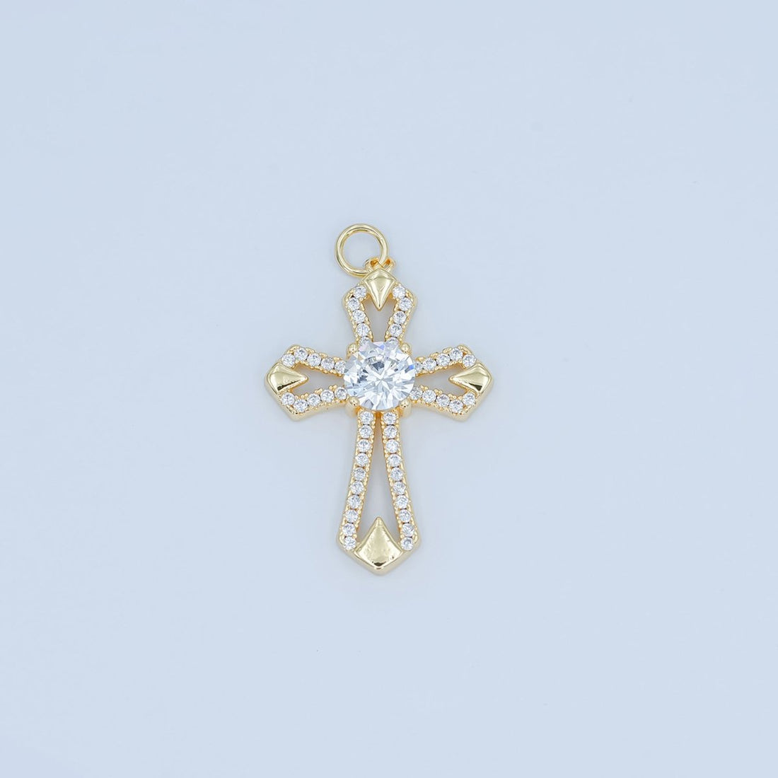 24K Gold Filled Open Clear CZ Micro Paved Passion Cross Charm | N118