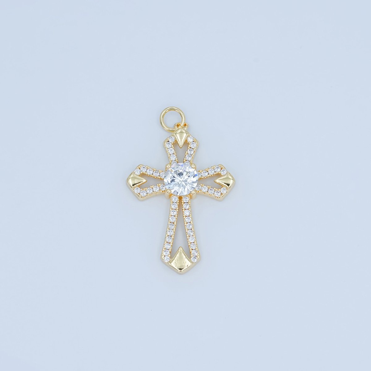 24K Gold Filled Open Clear CZ Micro Paved Passion Cross Charm | N118