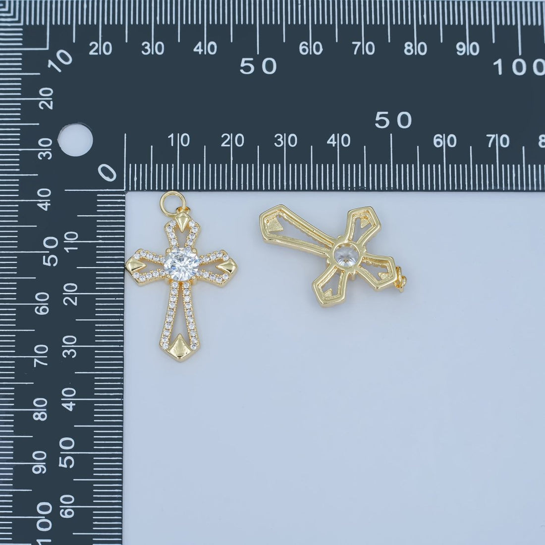24K Gold Filled Open Clear CZ Micro Paved Passion Cross Charm | N118