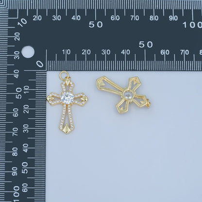 24K Gold Filled Open Clear CZ Micro Paved Passion Cross Charm | N118