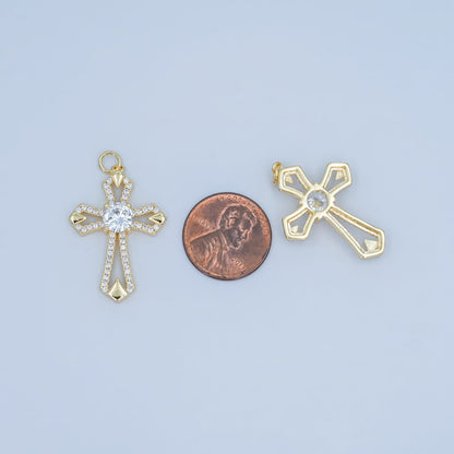24K Gold Filled Open Clear CZ Micro Paved Passion Cross Charm | N118