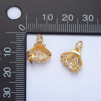 24K Gold Filled Open Clear CZ Starfish Sea Clam Shell Mini Charm | X741