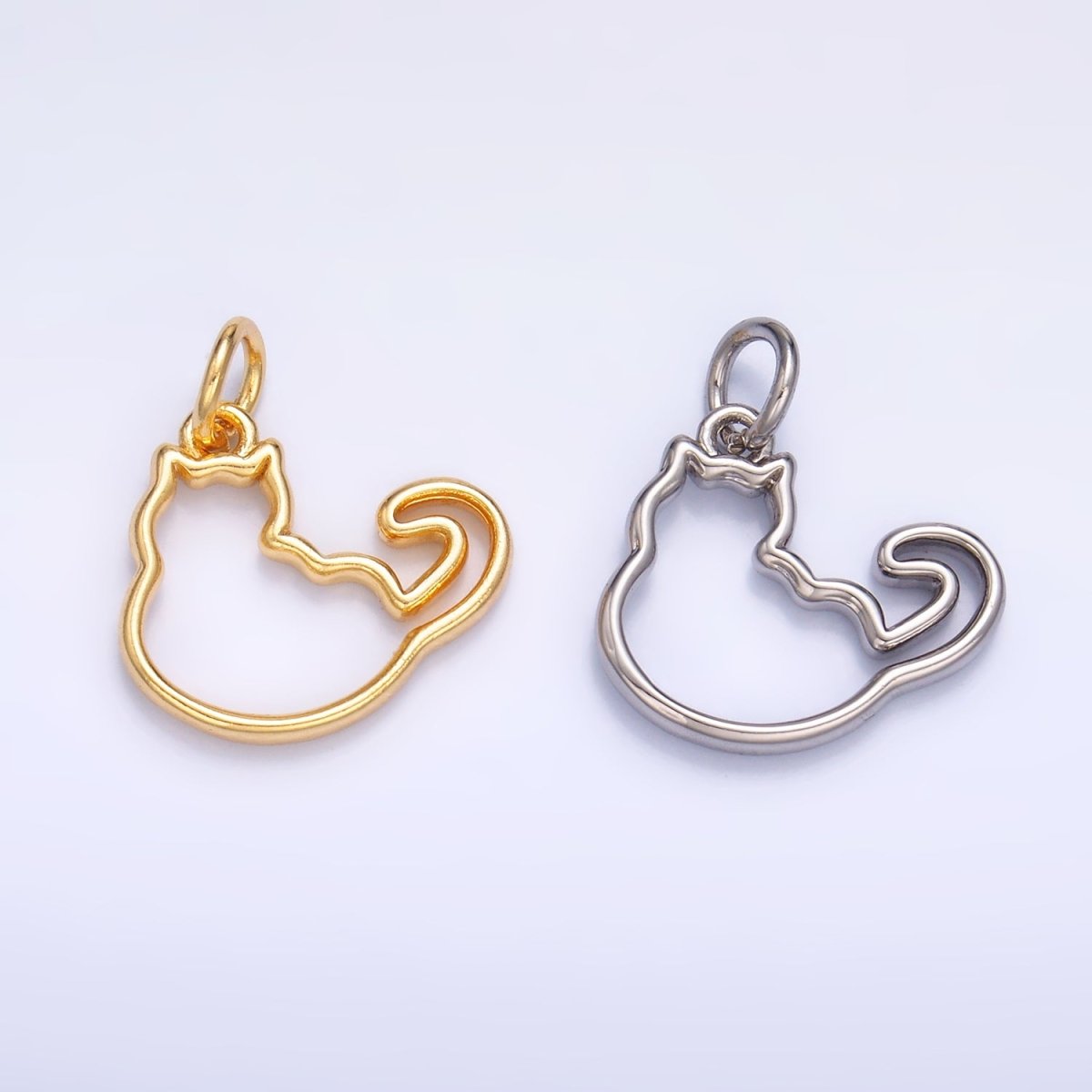 24K Gold Filled Open Fat Cat Pet Silhouette Outline Charm in Gold &amp; Silver | W338