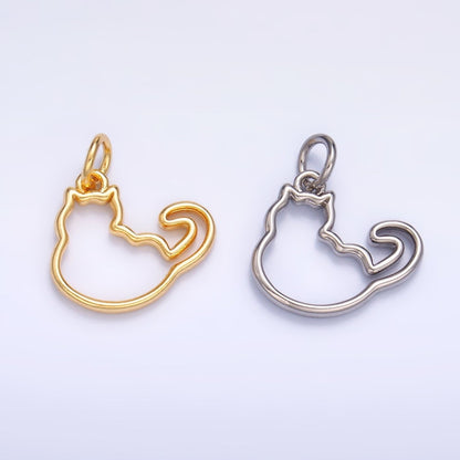 24K Gold Filled Open Fat Cat Pet Silhouette Outline Charm in Gold &amp; Silver | W338