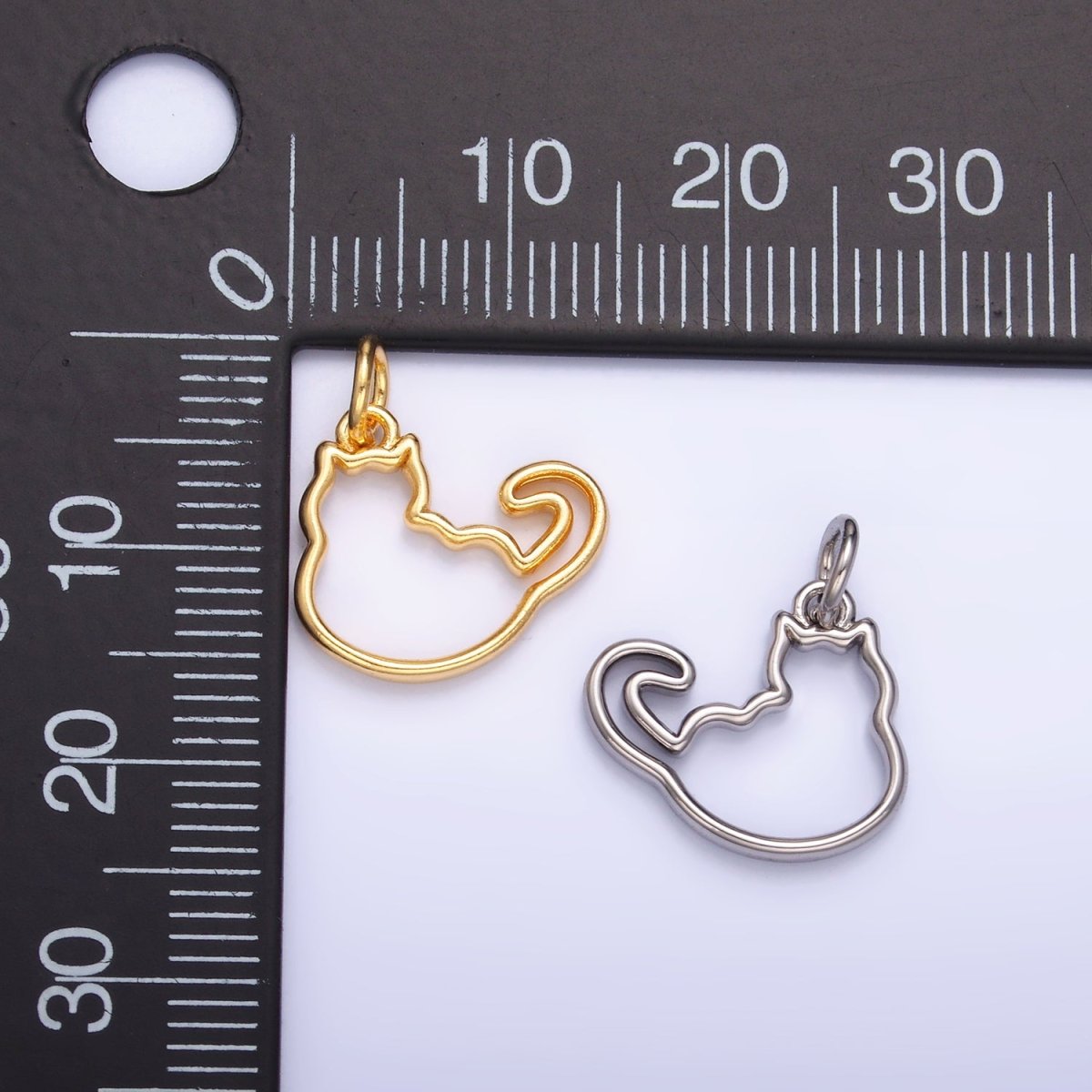 24K Gold Filled Open Fat Cat Pet Silhouette Outline Charm in Gold &amp; Silver | W338