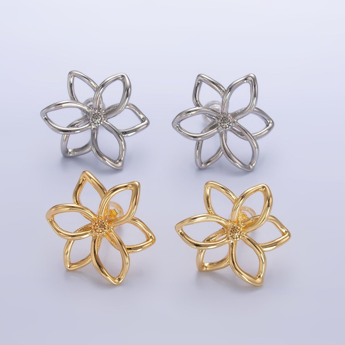 24K Gold Filled Open Floral Flower Stud Earrings in Gold &amp; Silver | V-303 V-311