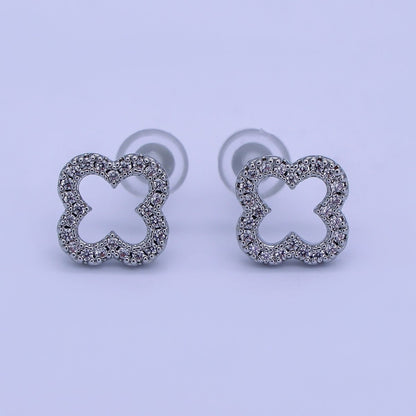 24K Gold Filled Open Micro Paved CZ Clover Stud Earrings in Gold &amp; Silver | AE725 AE727