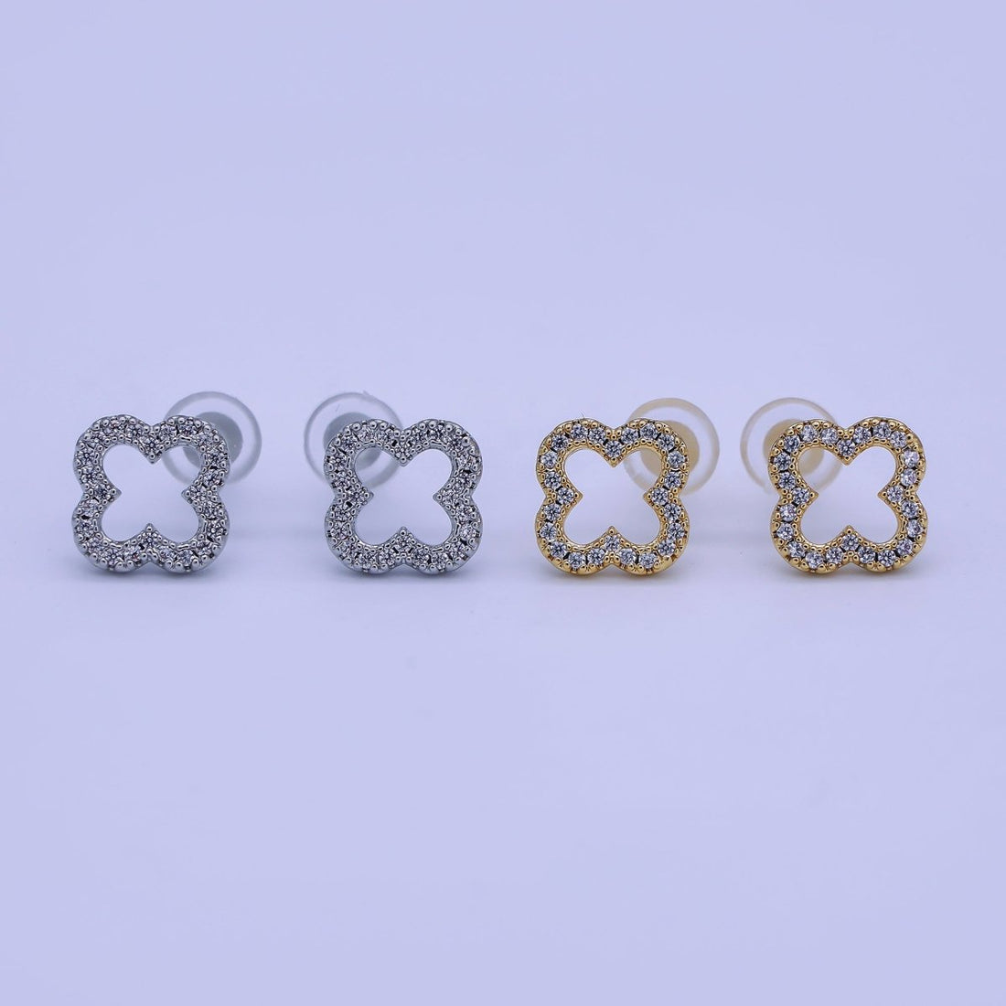 24K Gold Filled Open Micro Paved CZ Clover Stud Earrings in Gold &amp; Silver | AE725 AE727