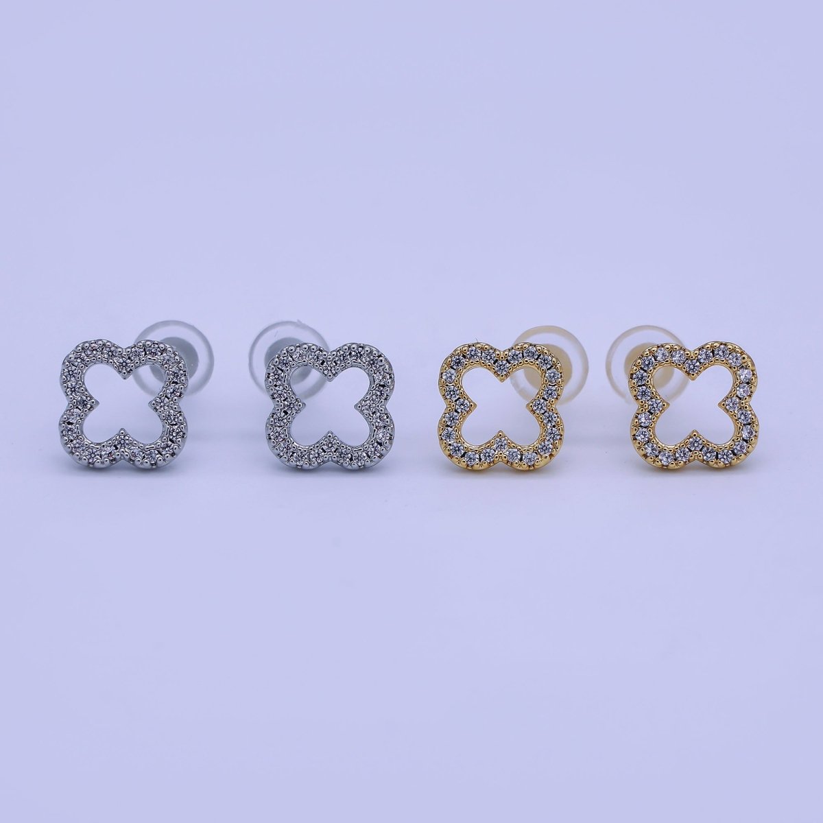 24K Gold Filled Open Micro Paved CZ Clover Stud Earrings in Gold &amp; Silver | AE725 AE727