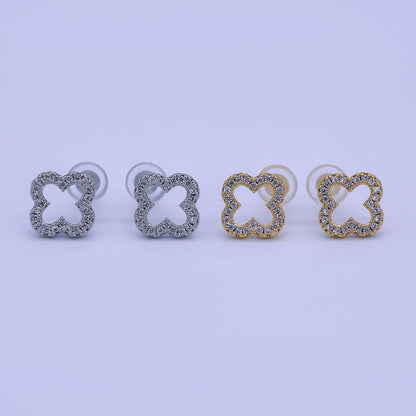 24K Gold Filled Open Micro Paved CZ Clover Stud Earrings in Gold &amp; Silver | AE725 AE727