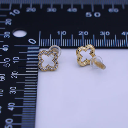 24K Gold Filled Open Micro Paved CZ Clover Stud Earrings in Gold &amp; Silver | AE725 AE727