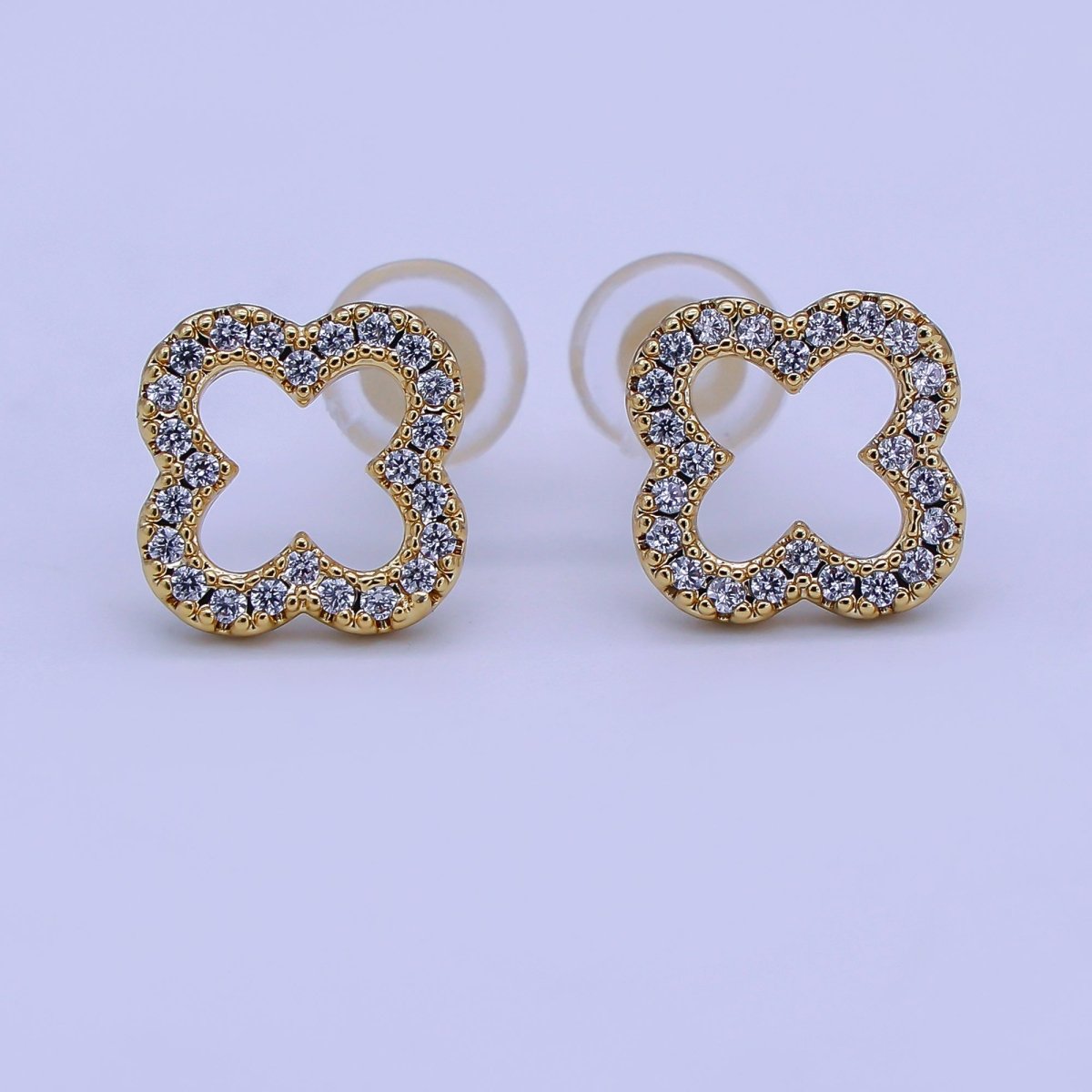 24K Gold Filled Open Micro Paved CZ Clover Stud Earrings in Gold &amp; Silver | AE725 AE727