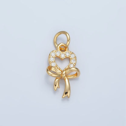 24K Gold Filled Open Micro Paved CZ Heart Bow Ribbon Drop Charm | E906