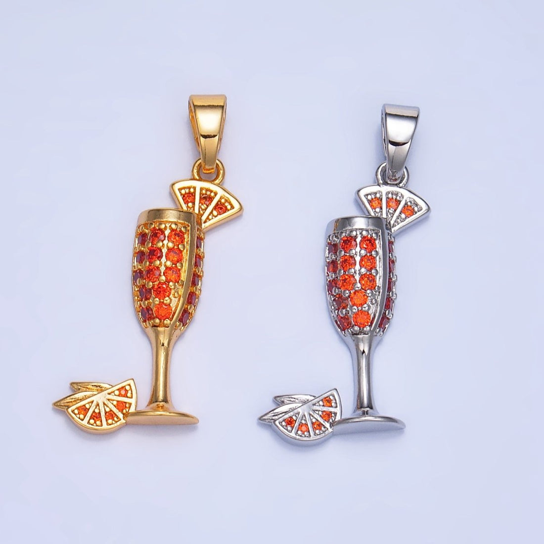 24K Gold Filled Orange Slice CZ Micro Paved Martini Alcoholic Drink Pendant in Gold &amp; Silver | AA992