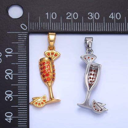 24K Gold Filled Orange Slice CZ Micro Paved Martini Alcoholic Drink Pendant in Gold &amp; Silver | AA992