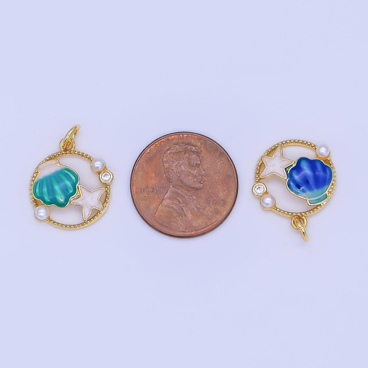 24K Gold Filled Orange, Teal, Blue, Green Sea Clam Shell Starfish Open Round Charm | AF508 AF509