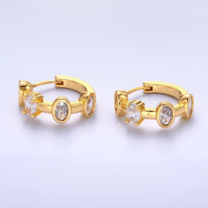 24K Gold Filled Oval CZ Bezel Huggie Hoop Earrings | V519