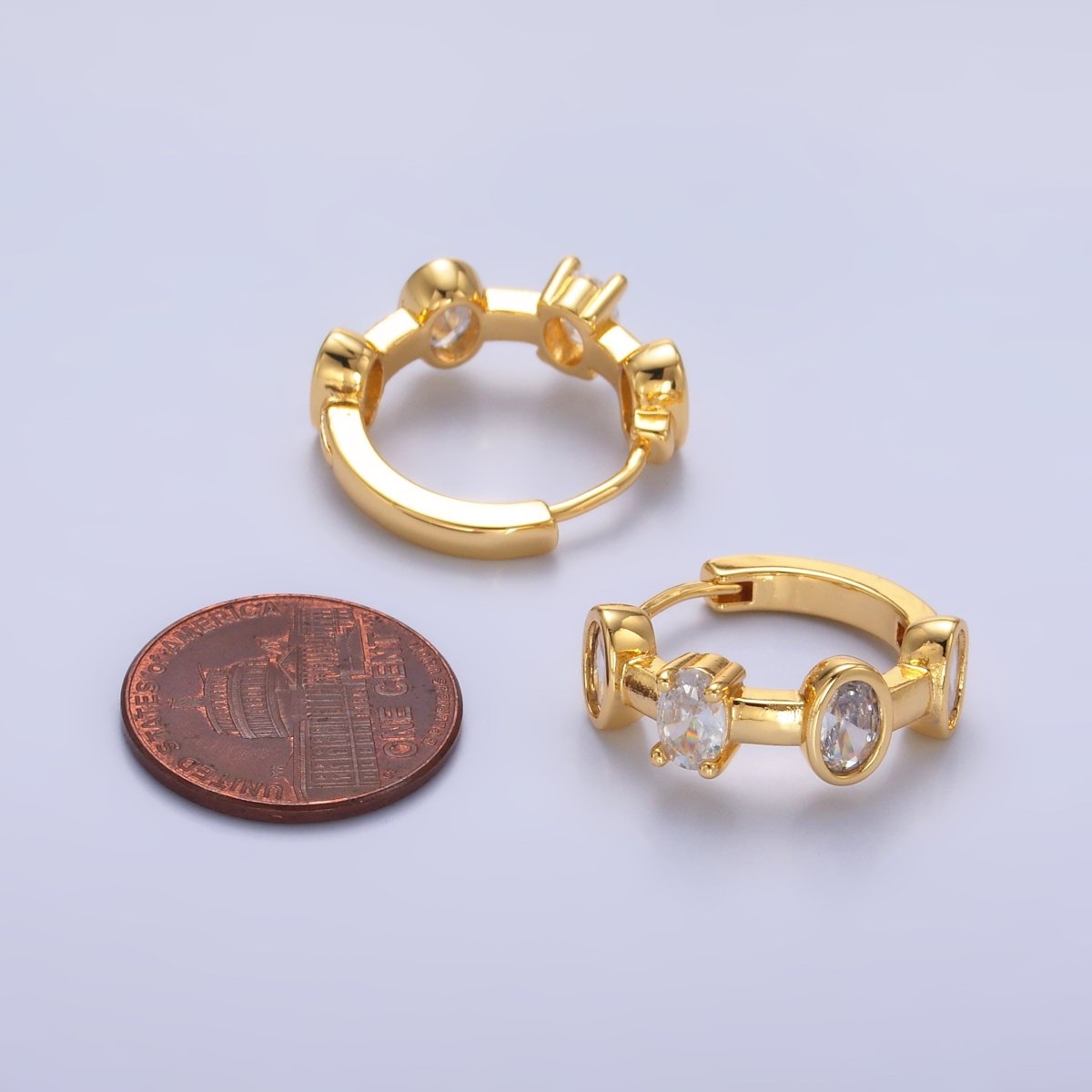 24K Gold Filled Oval CZ Bezel Huggie Hoop Earrings | V519