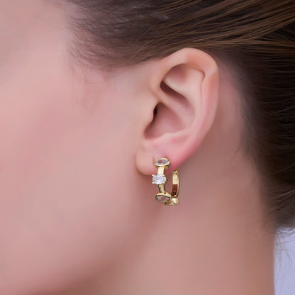 24K Gold Filled Oval CZ Bezel Huggie Hoop Earrings | V519