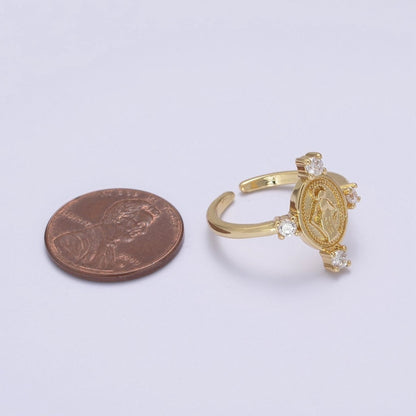 24K Gold Filled Oval Virgin Mary Ring, Crystal Zirconia CZ Adjustable Stacking Ring, Gift For Her | U-468