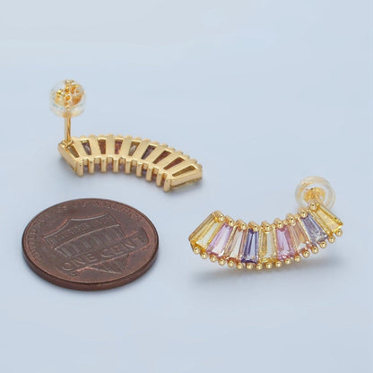 24K Gold Filled Pastel Multicolor Baguette Curved Stud Earrings | AD746