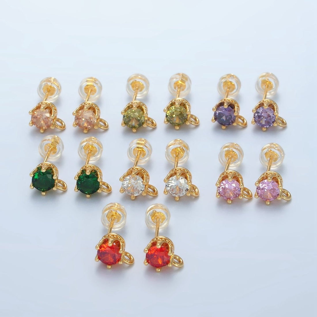 24K Gold Filled Peach, Green, Orange, Clear, Pink, Olive, Purple CZ Open Loop Drop Stud Earrings Findings | Z946 - Z952