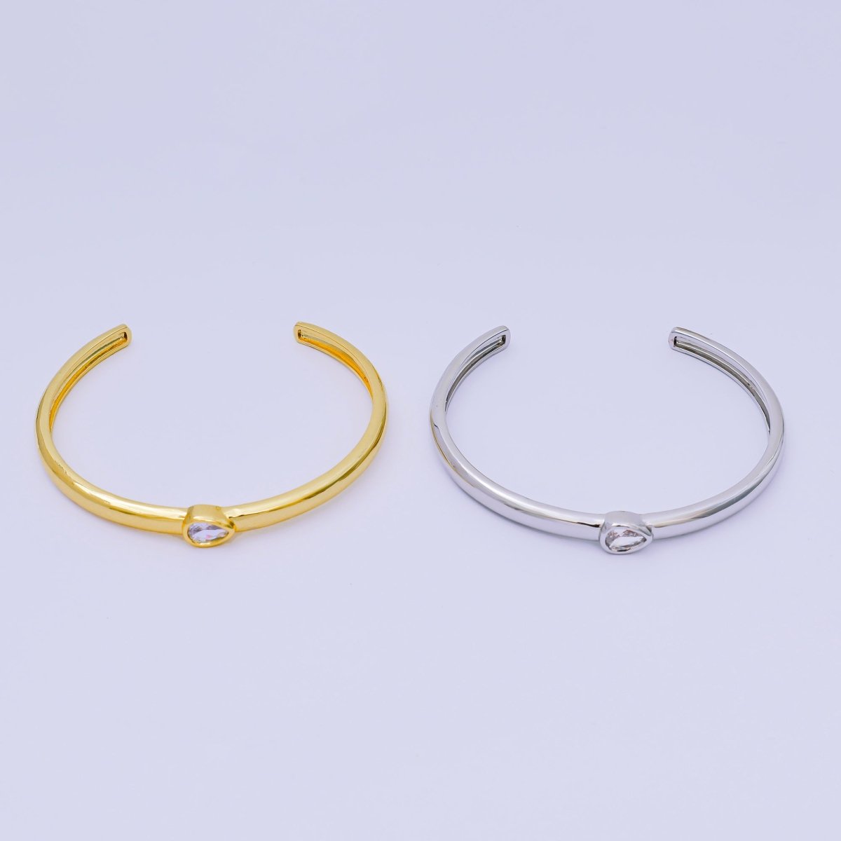 24K Gold Filled Pear CZ Minimalist Teardrop Bangle Cuff Bracelet in Gold &amp; Silver | WA-3095 - WA-3096