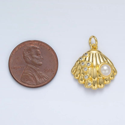 24K Gold Filled 19mm Shell Pearl CZ Dotted Clam Sea Shell Charm in Gold &amp; Silver | AG866