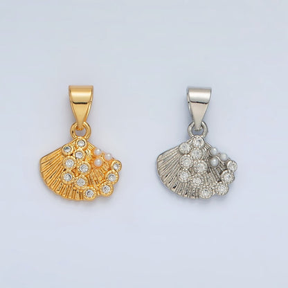 24K Gold Filled 11.5mm Pearl CZ Dotted Clam Sea Shell Pendant in Gold &amp; Silver | I718