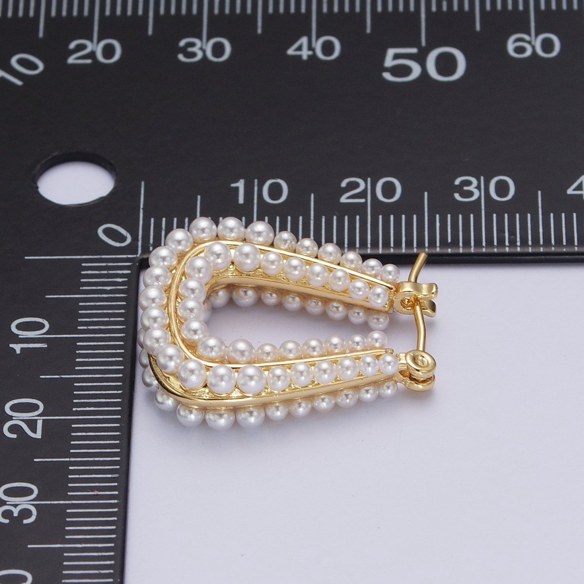 24K Gold Filled Pearl Lined Geometric Latch Hoops Earrings in Gold &amp; Silver | V-032