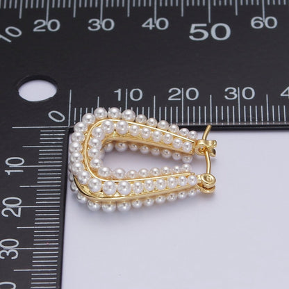 24K Gold Filled Pearl Lined Geometric Latch Hoops Earrings in Gold &amp; Silver | V-032