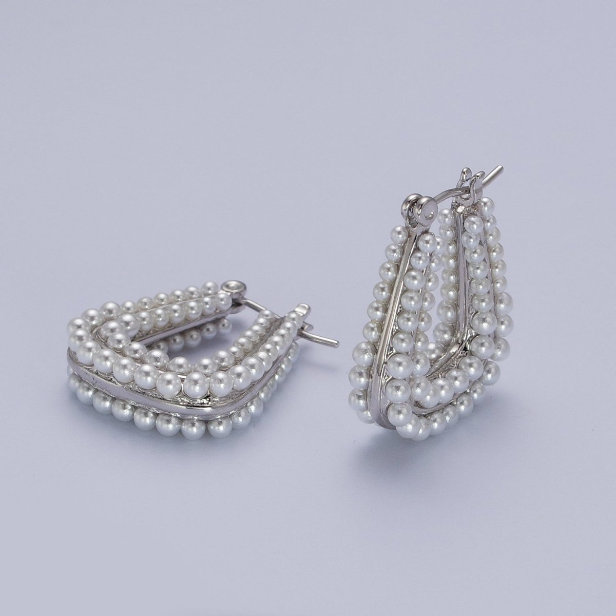 24K Gold Filled Pearl Lined Geometric Latch Hoops Earrings in Gold &amp; Silver | V-032