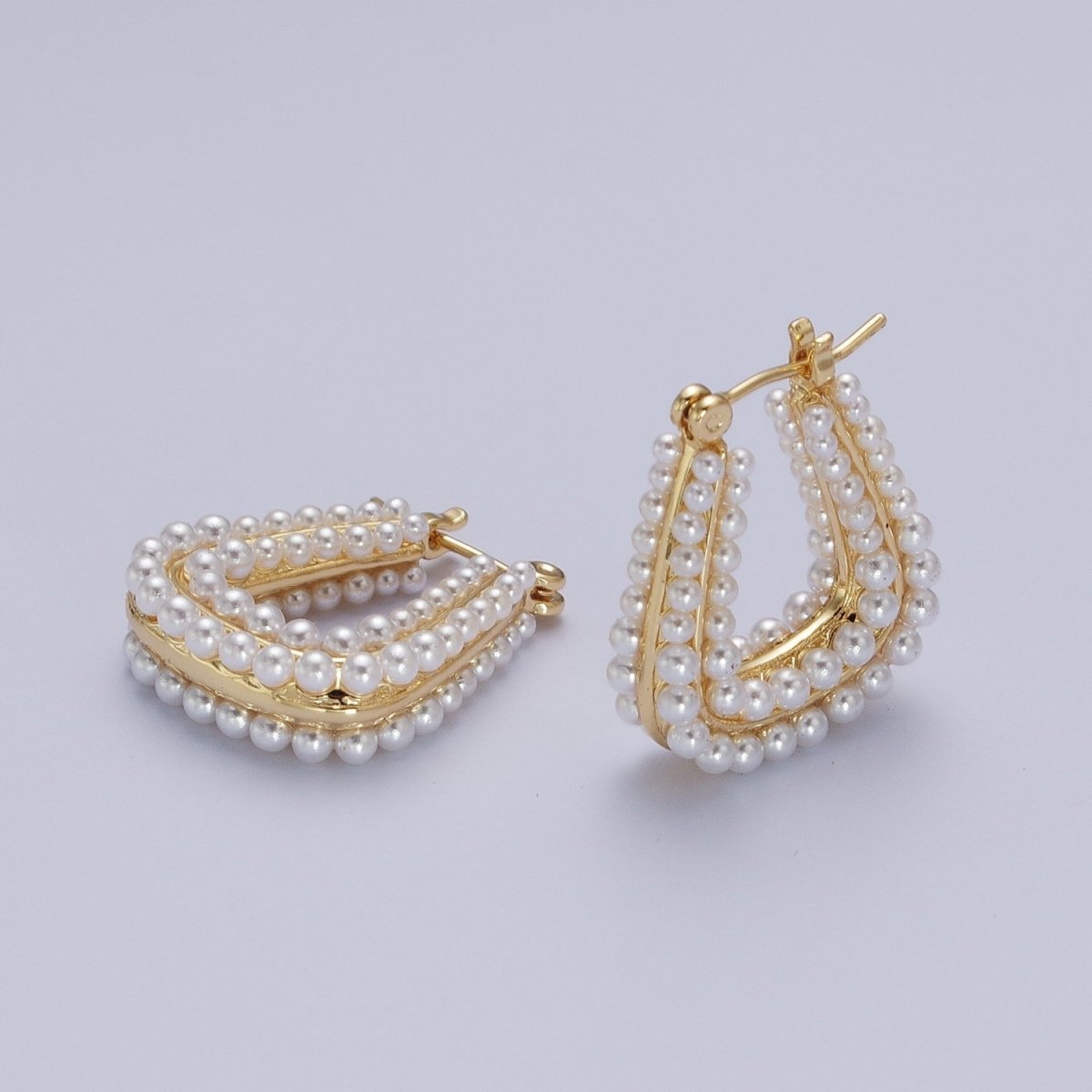 24K Gold Filled Pearl Lined Geometric Latch Hoops Earrings in Gold &amp; Silver | V-032