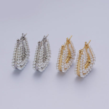 24K Gold Filled Pearl Lined Geometric Latch Hoops Earrings in Gold &amp; Silver | V-032