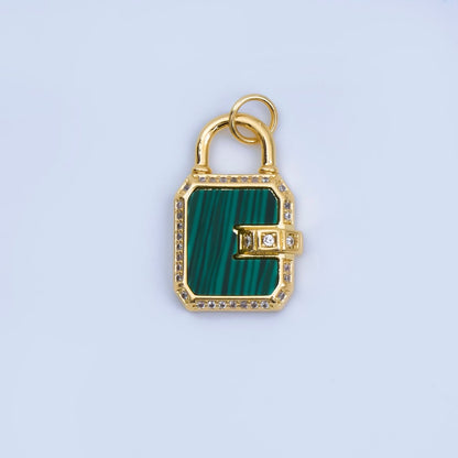 24K Gold Filled Pearl, Malachite Padlock Charm Micro Pave Cz Lock Pendant | AJ414
