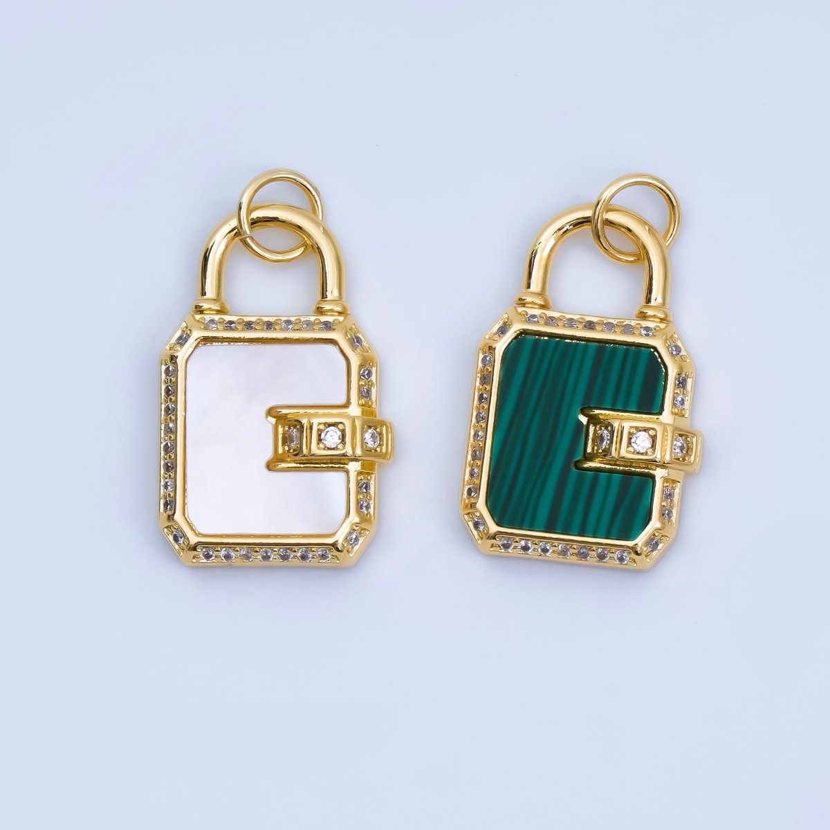 24K Gold Filled Pearl, Malachite Padlock Charm Micro Pave Cz Lock Pendant | AJ414