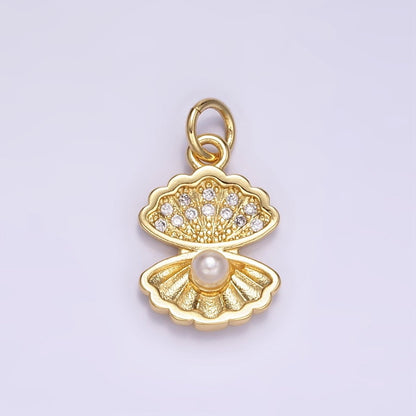 24K Gold Filled Pearl Micro Paved CZ Clam Sea Shell Charm | M128