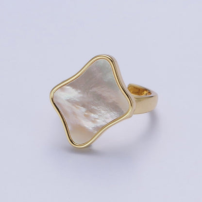24K Gold Filled Pearl Shell Abstract Rhombus Quatrefoil Adjustable Gold Ring | S-349