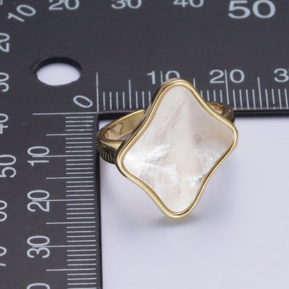 24K Gold Filled Pearl Shell Abstract Rhombus Quatrefoil Adjustable Gold Ring | S-349