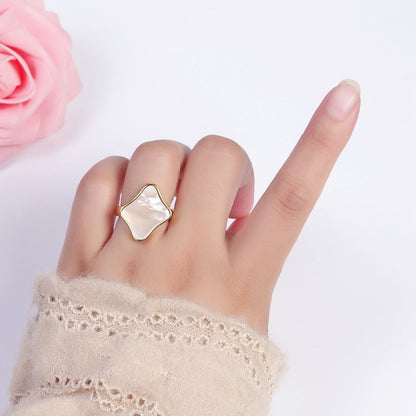 24K Gold Filled Pearl Shell Abstract Rhombus Quatrefoil Adjustable Gold Ring | S-349