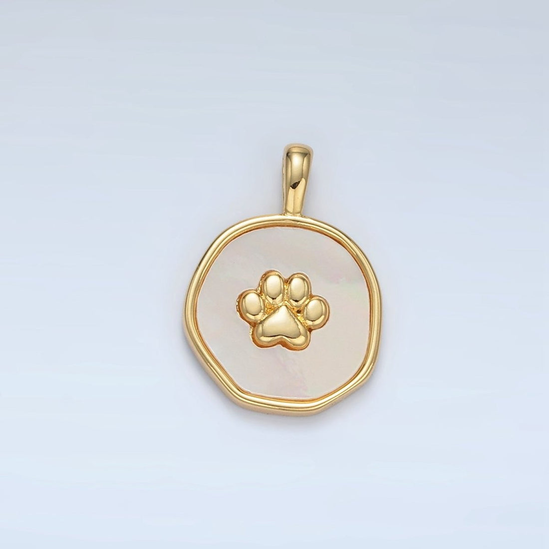 24K Gold Filled Pet Paw Print Shell Pearl Stamped Round Pendant | AA1371