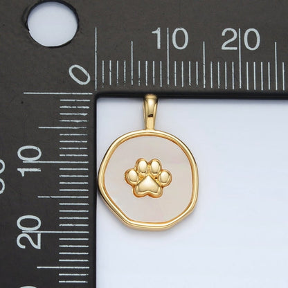 24K Gold Filled Pet Paw Print Shell Pearl Stamped Round Pendant | AA1371